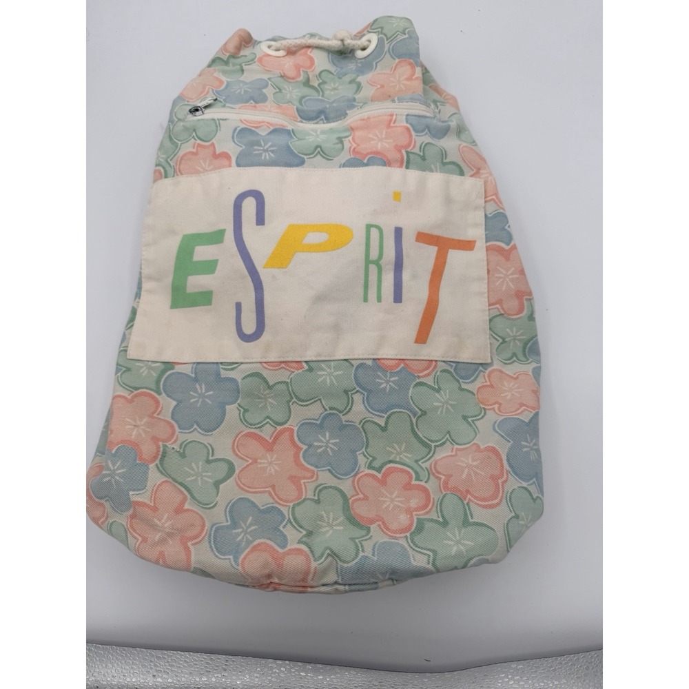 Vintage 80s Esprit Canvas Cinch Top Sling Bag Cotton Gym School Floral Spell Out